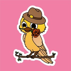 Stickers of Yellow Birds Use Hat While Biting Flower  Cartoon, Cute Funny Character, Flat Design