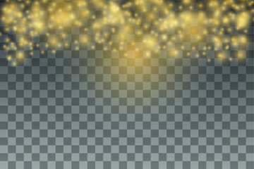 Sparkling gold glitter texture luxury greeting rich card. Star dust sparks in explosion on transparent background vector illustration