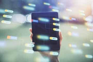 Double exposure of technology sketch hologram and woman holding and using a mobile device. Ai concept