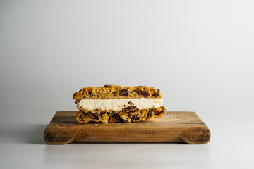 Ice cream sandwich with chocolate chip cookies and vanilla ice cream