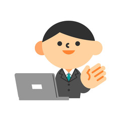 ビジネス　スーツ　上半身　フラット　男性　ノートパソコン　案内