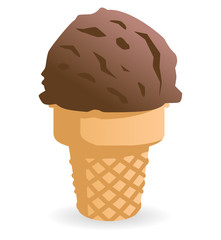 Vector drawing of a stylized chocolate ice cream scoop in a wafer cone. Isolated on white with a subtle shadow.