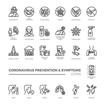 Corona virus prevention and symptoms line icon template. Contains such Icons as Washing Instruction, Antiseptic, social distancing, stay at home and more.