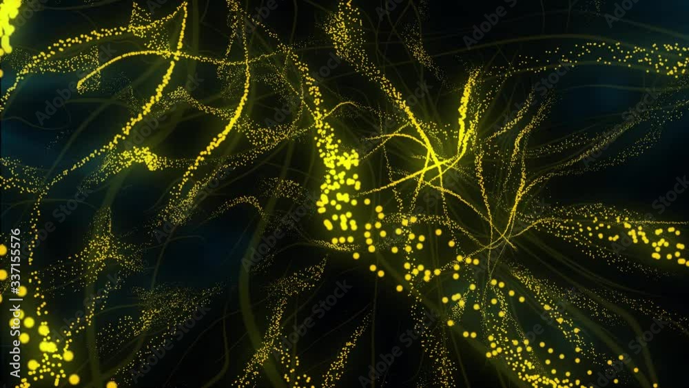 Poster Abstract yellow waves with particles moving seamless randomly with bokeh blur on dark background
