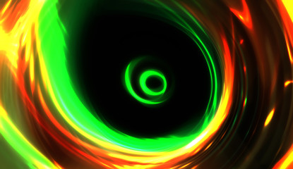 Cool background of moving glowing lights. Vibrant colorful portal template for your design. Light rays and glow particles in motion forming a wormhole shape.