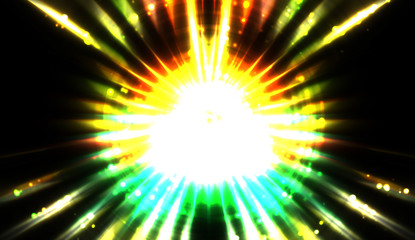 Pretty background of crossing beams of light and glowing particles. Wallpaper of vibrant colorful lights. Shinny light display..