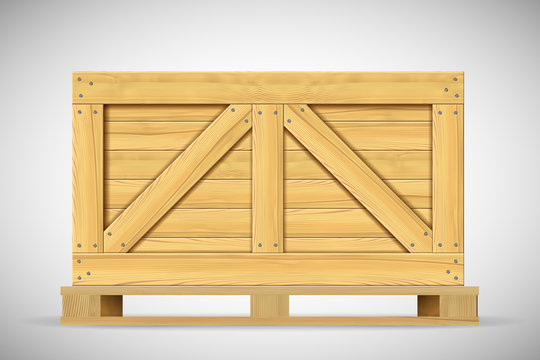 Wood large box for heavy delivery. Warehouse storage crate for import and export. Timber cargo realistic mockup on white background. Loaded lumber pack for logistic