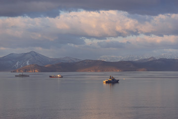 Fototapeta na wymiar Seascape with ships in Avacha Bay, Kamchatka