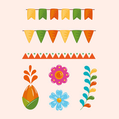 Mexican flowers leaves and banner pennant design, Mexico culture tourism landmark latin and party theme Vector illustration