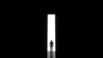 Abstract man in dark concrete interior with glowing doorway. Business Concept. Male
 enters a dark room, to illustrate concept of unknown. 3d rendering