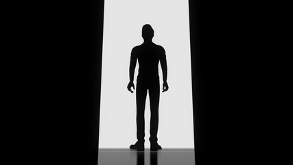Abstract man in dark concrete interior with glowing doorway. Business Concept. Male
 enters a dark room, to illustrate concept of unknown. 3d rendering