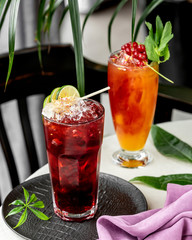 two glasses of cocktails garnished with lime and redcurrant