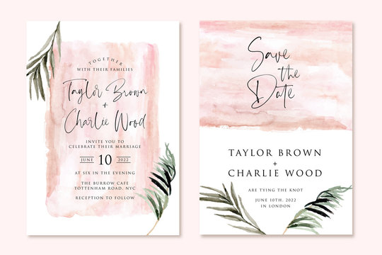 wedding invitation with pink abstract and palm leaves watercolor