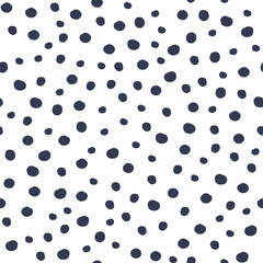 Black polka dot seamless pattern on white background. Monochrome funny wallpaper.