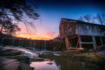Sunset over the historic Yates Mill in Raleigh, North Carolina.