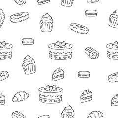 Seamless cake doodle pattern in cute hand drawn style suitable for background 