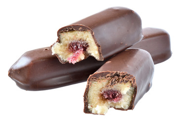 Chocolate marzipan bar with fruit filling isolated