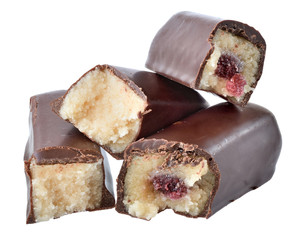 Chocolate marzipan bar with fruit filling isolated