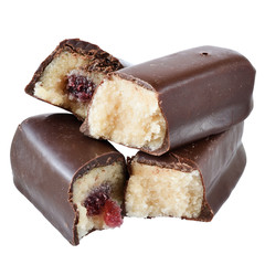 Chocolate marzipan bar with fruit filling isolated