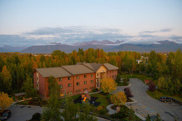 University of Alaska Anchorage at sunset with Chugach Mountains at the background in Anchorage,...