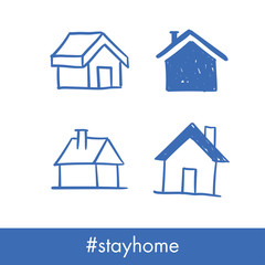 House doodle icons. Graphic design elements for stay at home campaign. Hand drawn illustrations.