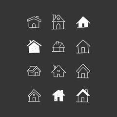 House doodle icons. Graphic design elements for stay at home campaign. Hand drawn illustrations.