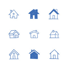 House doodle icons. Graphic design elements for stay at home campaign. Hand drawn illustrations.