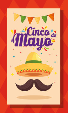 Mexican hat and mustache design, Cinco de mayo mexico culture tourism landmark latin and party theme Vector illustration