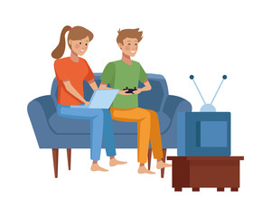 couple using laptop and playing video game