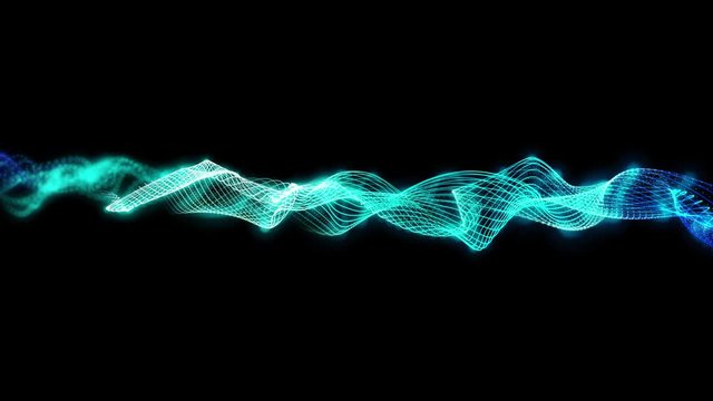 Abstract digital blue color wave with flowing small particles dance motion on wave and light black background.