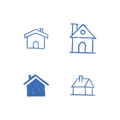 House doodle icons. Graphic design elements for stay at home campaign. Hand drawn illustrations.