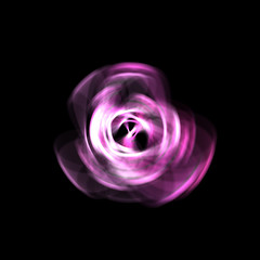 Spinning rays of light isolated on black background. Graphic 2D illustration of glowing colorful light particles in circular motion.