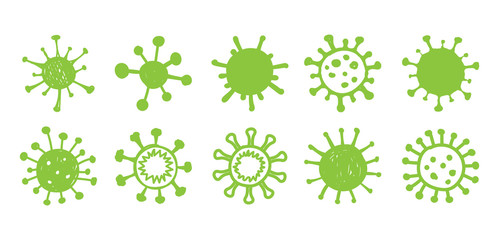 Coronavirus (COVID-19). Set of scribble green virus. Hand drawn style. Vector Illustration.