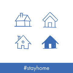 House doodle icons. Graphic design elements for stay at home campaign. Hand drawn illustrations.