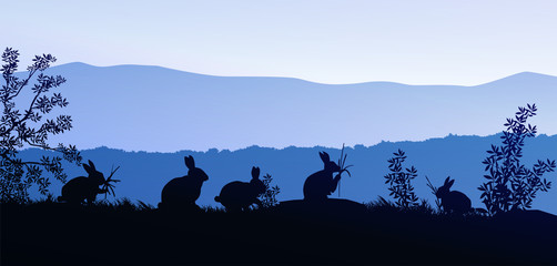 Fototapeta na wymiar Group of rabbits in the meadow. Natural forest. Wild animals. Mountains horizon hills silhouettes. Sunrise and sunset. Landscape wallpaper. Illustration vector style. Colorful view background.