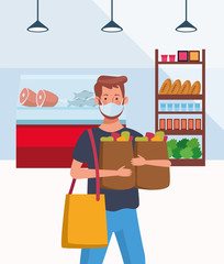 man shopping in supermarket with face mask