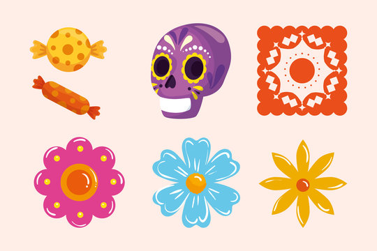 Mexican candies skull and flowers design, Mexico culture tourism landmark latin and party theme Vector illustration