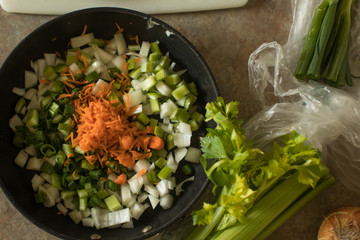 Diced stir fry ingredients in pan