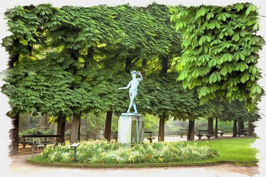 Sculptures are in the park of the Luxemburg palace. Imitation of a picture. Oil paint. Illustration