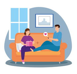 campaign stay at home with couple in living room vector illustration design