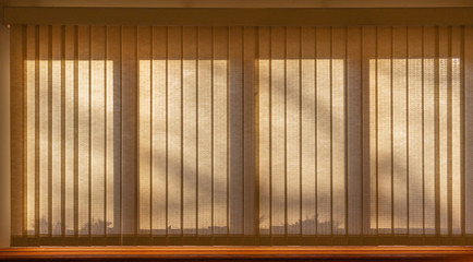 Low angle sunlight casts abstract tree shadow textures onto an interior modern window with light color vertical blinds