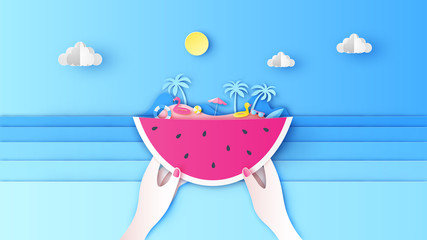 Women hold a piece of watermelon in front of the island among the summer sea view. Summer sea scenery. paper cut and craft style. vector, illustration.