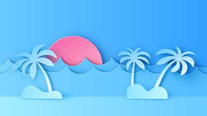 Fototapeta na wymiar Template scene design of sea view in summer with coconut tree, sun and sea wave. Graphic design for summer. Sea scenery. paper cut and craft style. vector, illustration.