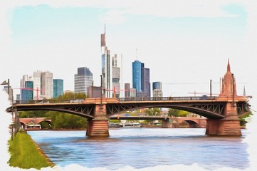 Obraz premium Frankfurt am Main, cityscape. Imitation of a picture. Oil paint. Illustration