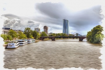 Fototapeta premium Frankfurt am Main, cityscape. Imitation of a picture. Oil paint. Illustration