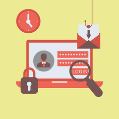 Phishing login and password on fishing hook in email envelope. Concept of Internet and network security. Hacking online scam on laptop