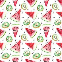 Seamless pattern. Watermelon slices, seeds and kiwi. Hand drawn watercolor Illustrations isolated on white background.