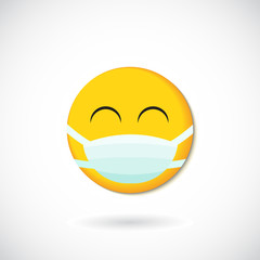 Emoji with mouth mask - yellow face with closed eyes wearing a white surgical mask