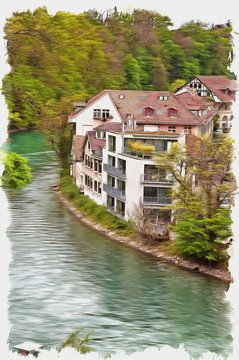 Switzerland, city Bern city and river Aare. Imitation of a picture. Oil paint. Illustration