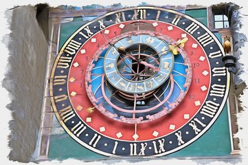 Bern city. Fragment zodiacal hours Clock Tower. Imitation of a picture. Oil paint. Illustration